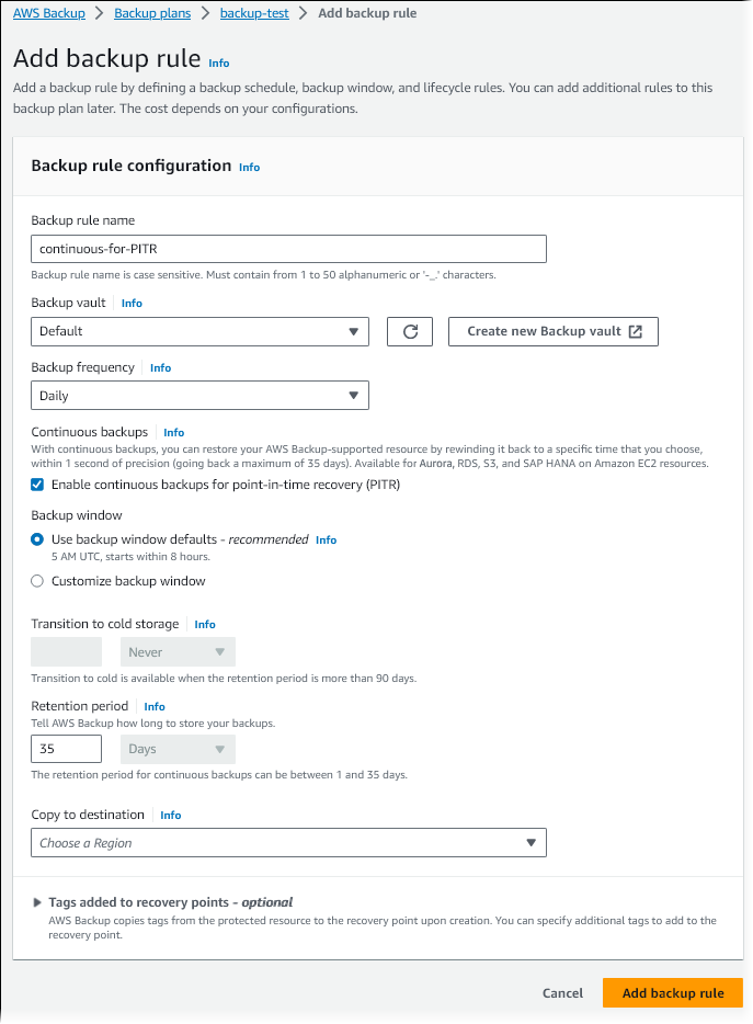 Abilita i backup continui per il point-in-time ripristino (PITR).