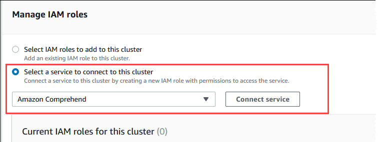 Immagine che mostra Amazon Comprehend scelto per il cluster database Aurora MySQL.