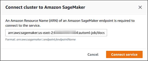 Immagine che mostra l'Amazon Resource Name (ARN) per l' SageMaker endpoint inserito durante il processo di configurazione.