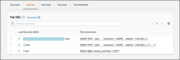 Inserisci le istruzioni in Top SQL