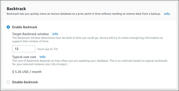 Abilitare il backtrack durante la creazione del cluster database con la console