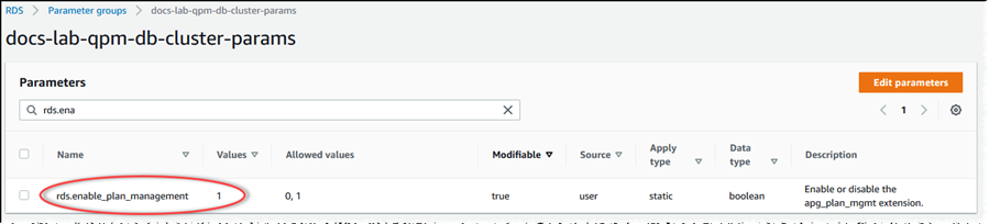 Immagine del gruppo di parametri del cluster DB.