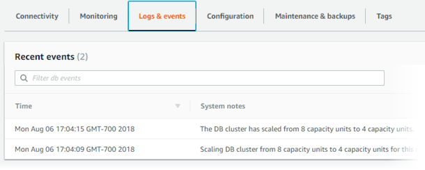 Visualizzazione delle impostazioni della capacità del cluster database Aurora Serverless v1