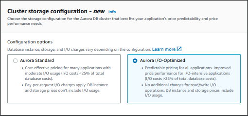 Configurazione dell'archiviazione del cluster con Aurora I/O-Optimized.