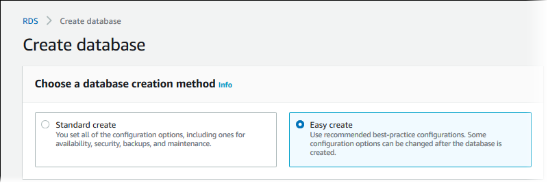 Sezione Crea database con l'opzione Creazione semplice selezionata.