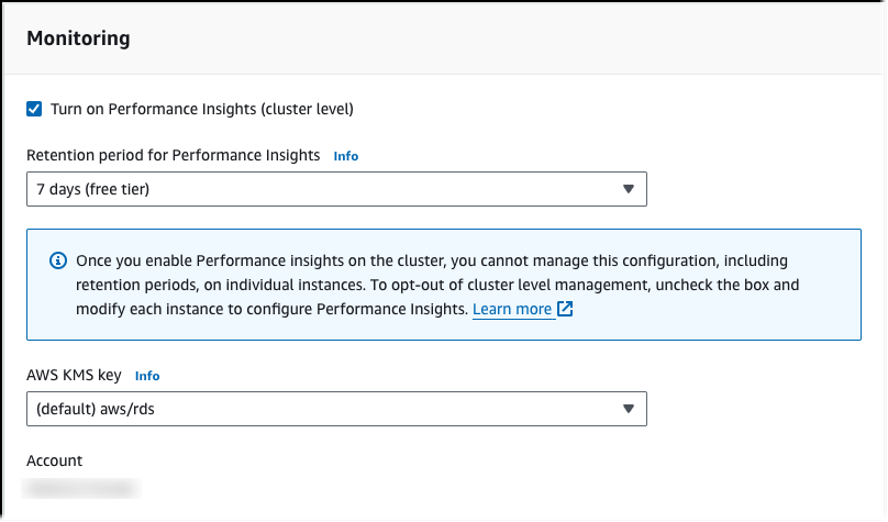 Attiva Performance Insights durante la creazione di cluster DB con console.