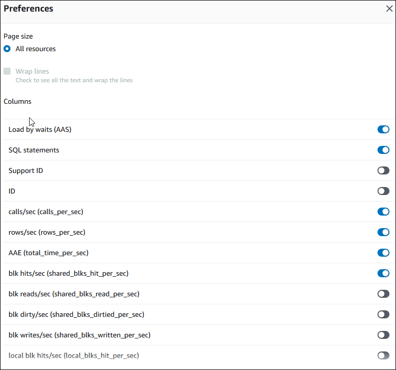 Preferenze per le metriche per l'esecuzione di query per le istanze DB di Aurora Postgre SQL