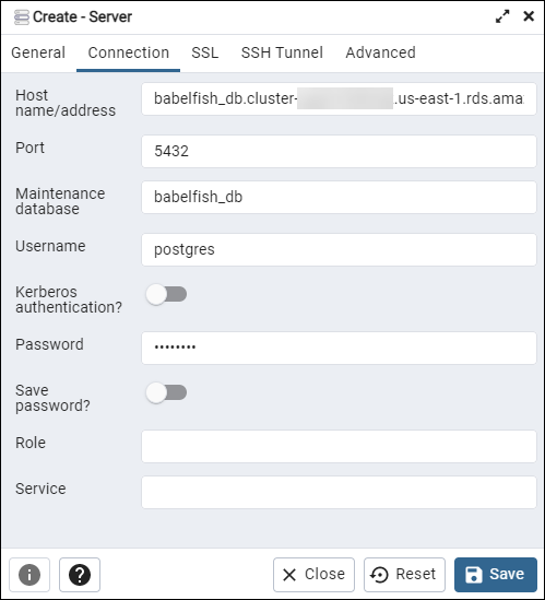 Definizione della connessione su pgAdmin.