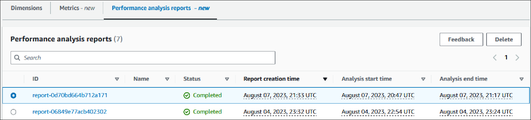 Pannello di controllo di Performance Insights da eliminare con un report selezionato per l'eliminazione