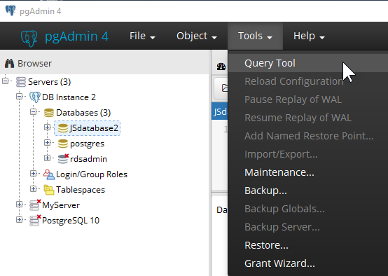 Scegli il nome del database dell'istanza DB nel pgAdmin browser