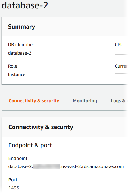 Individuazione dell'endpoint e della porta dell'istanza database