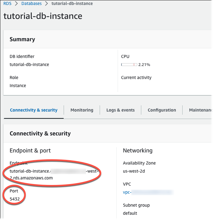 Dettagli istanza database