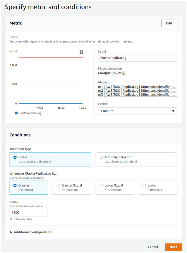 La pagina Specify metric and conditions (Specifica parametro e condizioni)