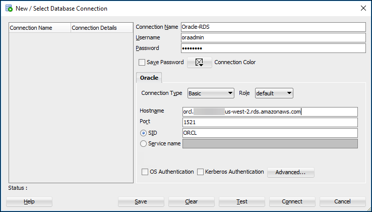 Creazione di una nuova connessione in Oracle SQL Developer