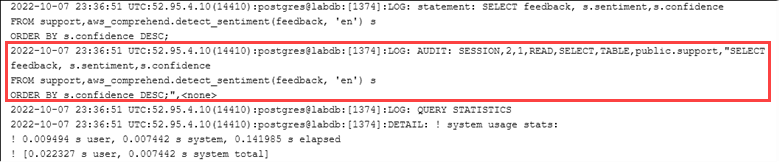 Immagine del file di registro di Postgre SQL dopo la configurazione. pgAudit