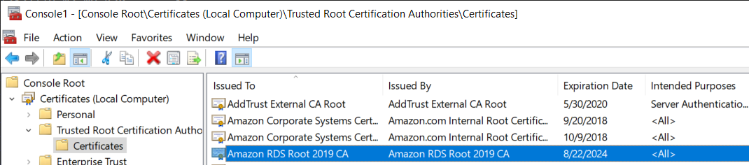 Nella MMC console, nel pannello di navigazione, la cartella Certificates viene selezionata in dettaglio tra Console Root, Certificates (Local Computer) e Trusted Root Certification Authority. Nella pagina principale, seleziona il certificato CA richiesto.