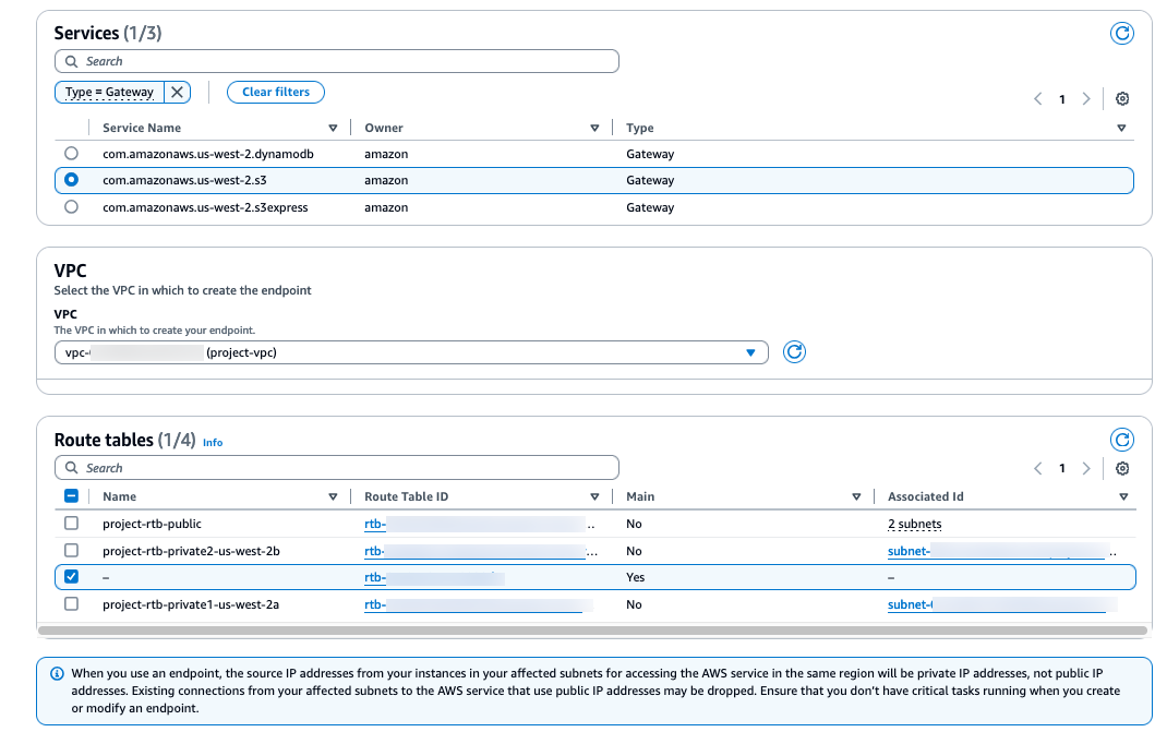 Tabella di routing selezionata durante la creazione dell'endpoint del VPC gateway.