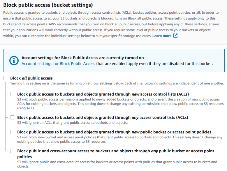 Una schermata che mostra le impostazioni del bucket Block Public Access.