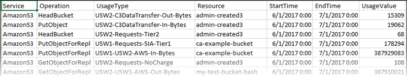 Un rapporto CSV sull'utilizzo in un'applicazione per fogli di calcolo.