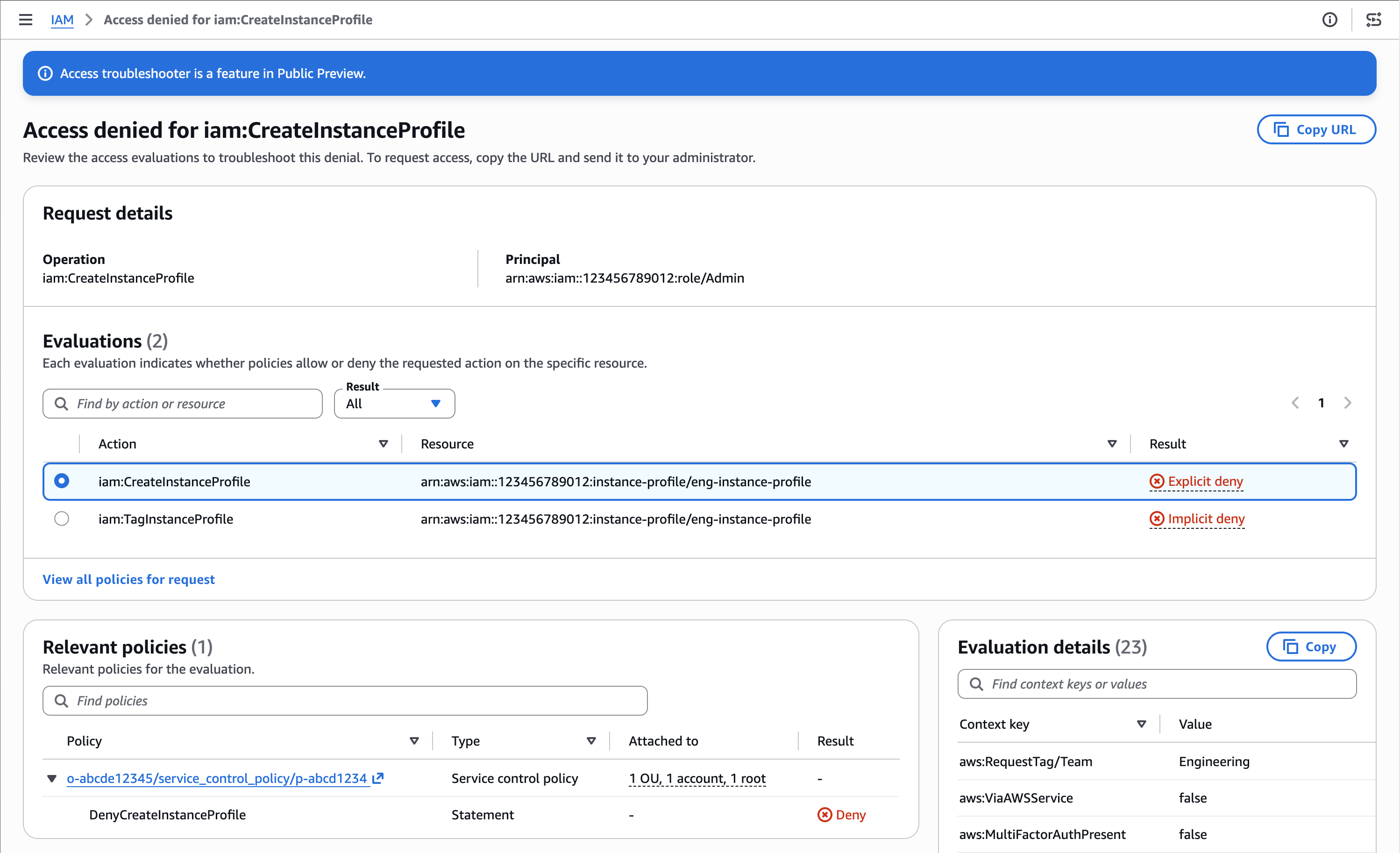 Screenshot della Access Troubleshooter Console con un rifiuto esplicito e un rifiuto implicito.