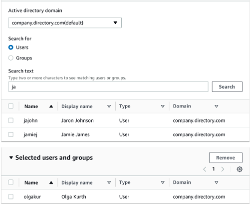 Active directory domain selection interface with user search results and selected users section.