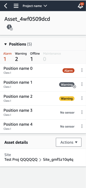 Asset monitoring interface showing positions with alarm, warning, and offline statuses.