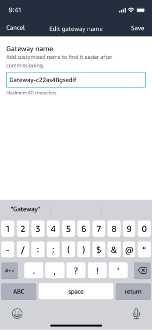 Edit gateway name screen with input field and on-screen keyboard for customization.