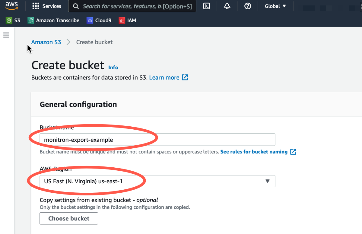 Create bucket interface showing bucket name "monitron-export-example" and Regione AWS "US East (N. Virginia)".