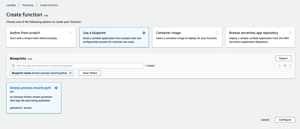 Create function interface with options to author from scratch, use a blueprint, or select container image.