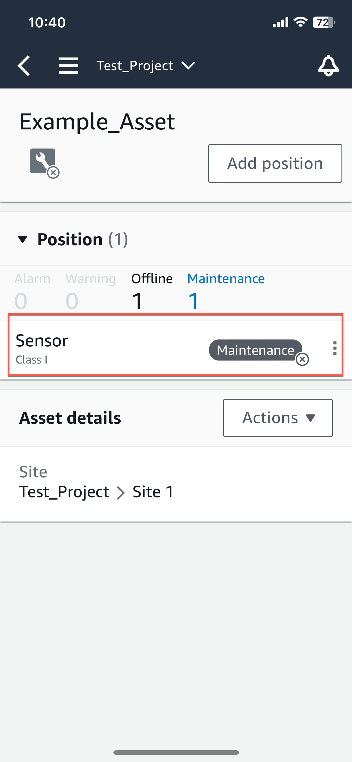 Asset management interface showing Example_Asset with offline and maintenance status.