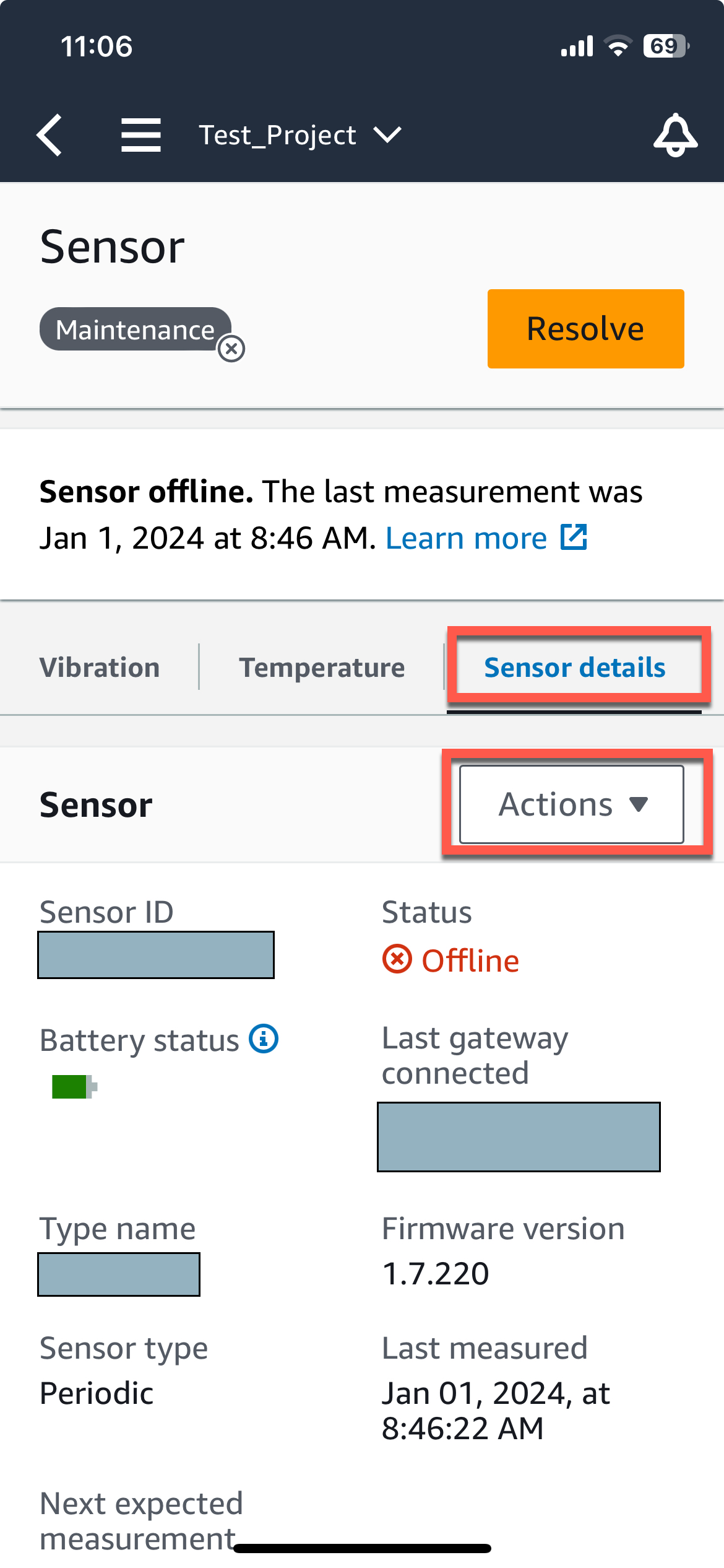 Sensor details page showing offline status, battery level, and firmware version with Actions dropdown.