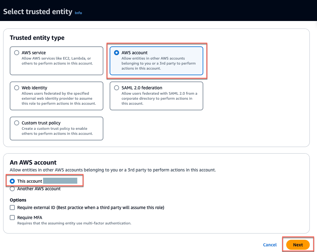 Account AWS selection interface with trusted entity types and account options.