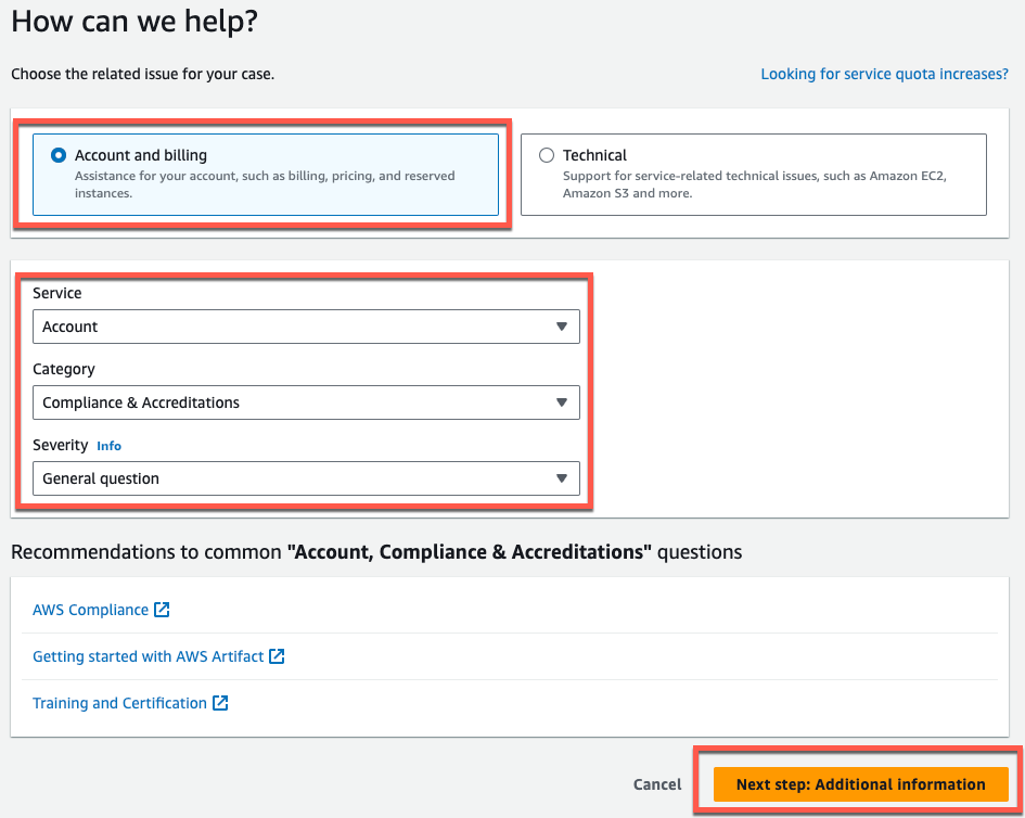 Support case form with Account and billing selected, and service details specified.