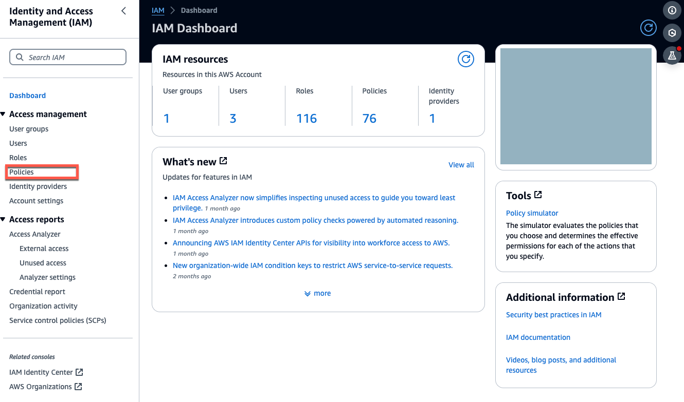 IAM Dashboard showing resource counts, recent updates, and tools for policy management.