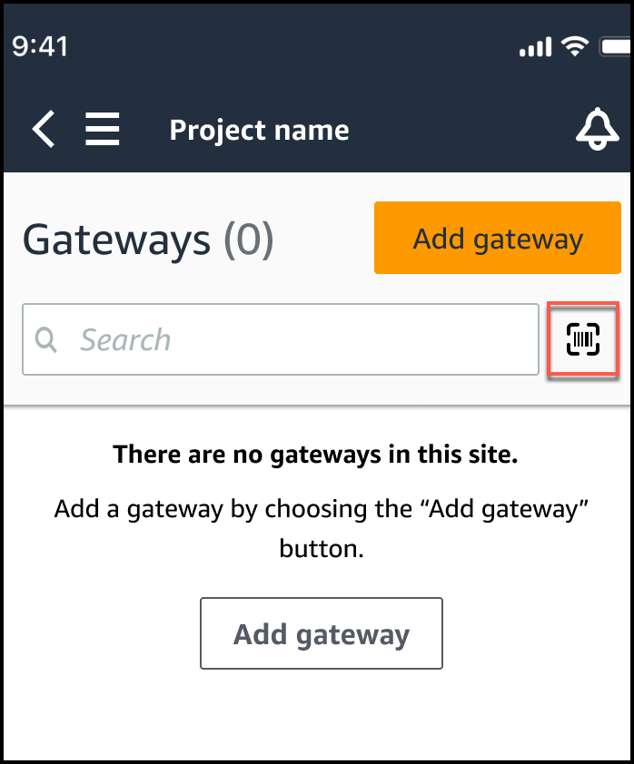 Gateway management interface showing no gateways and options to add or search for gateways.