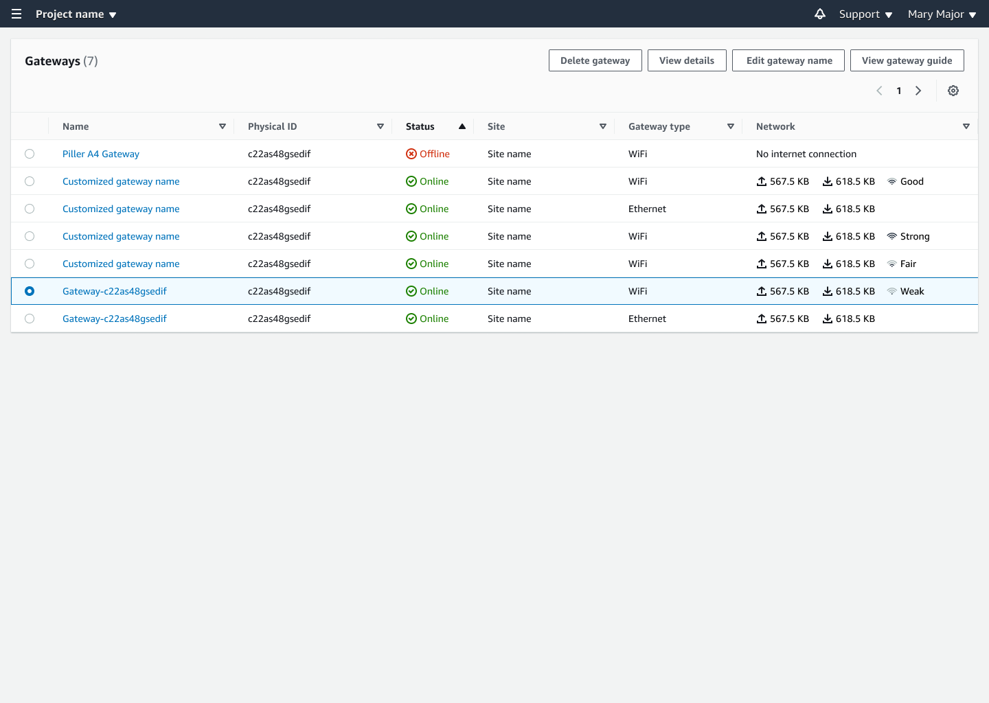 Gateway management interface showing a list of 7 gateways with their status and network details.