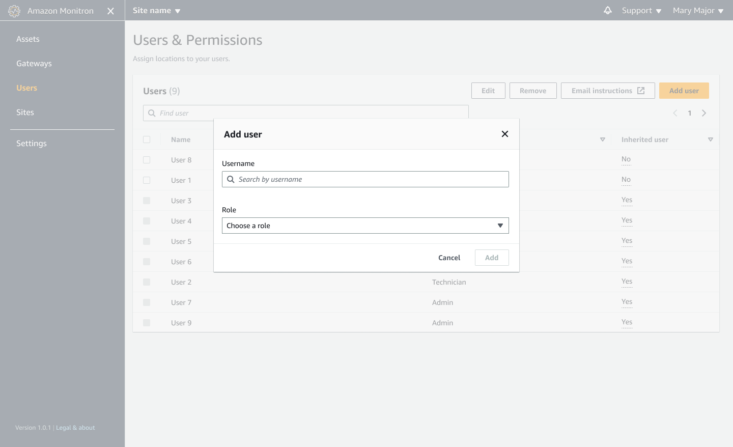 Users & Permissions interface showing a list of users and an "Add user" dialog box.