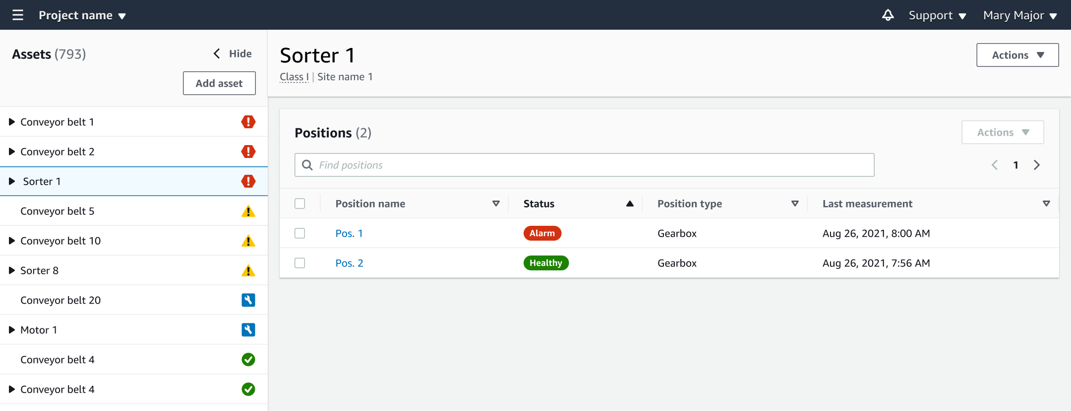 Asset management interface showing Sorter 1 details with positions and status indicators.