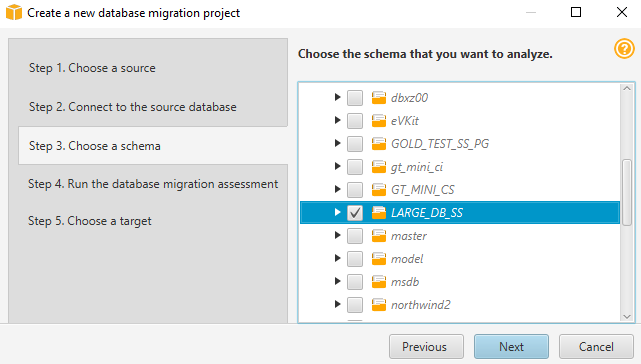 Scegli uno schema di database nella procedura guidata per il nuovo progetto.