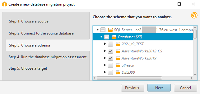 Scegli più schemi di database nella procedura guidata per il nuovo progetto.