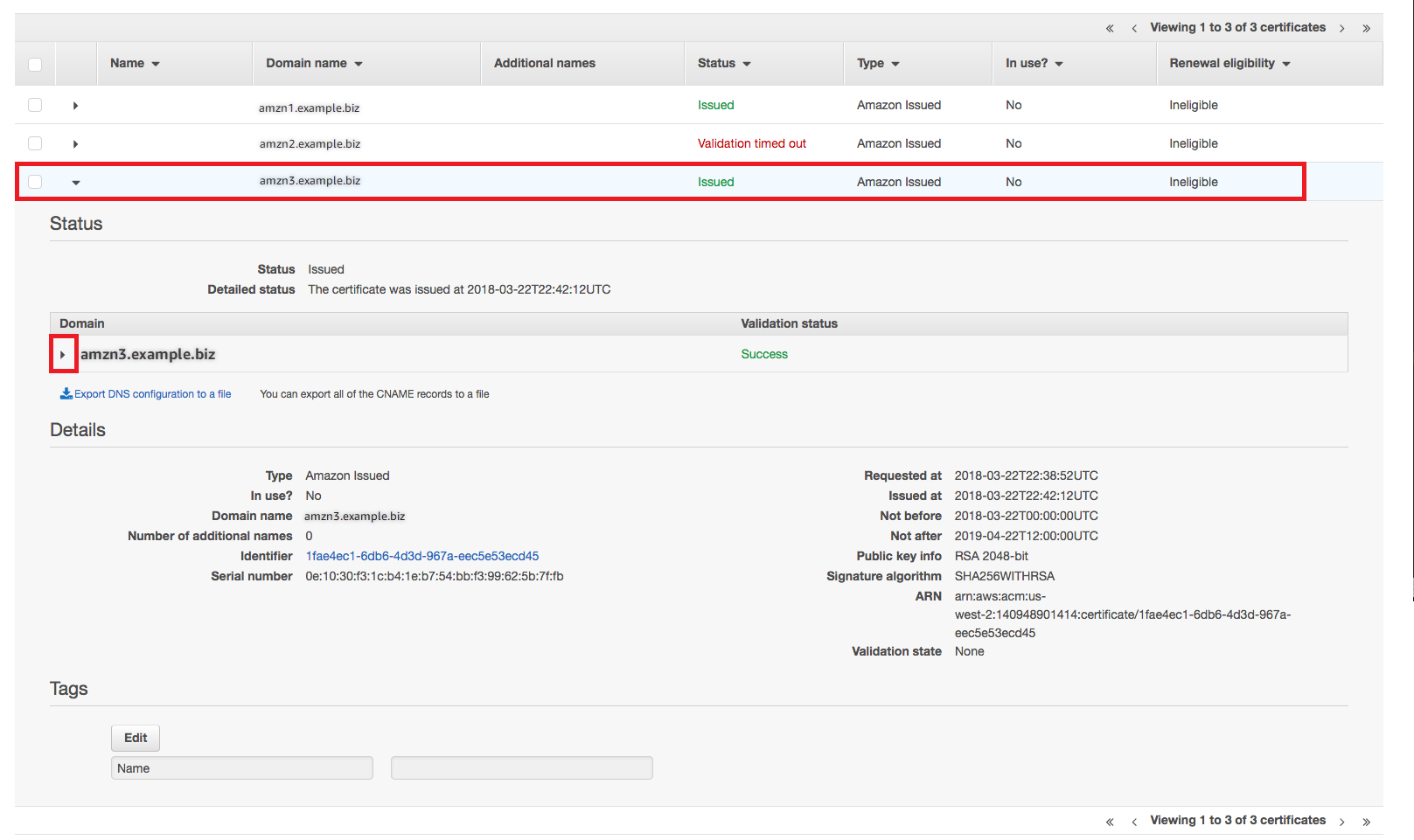 Seleziona il certificato di destinazione dalla console.