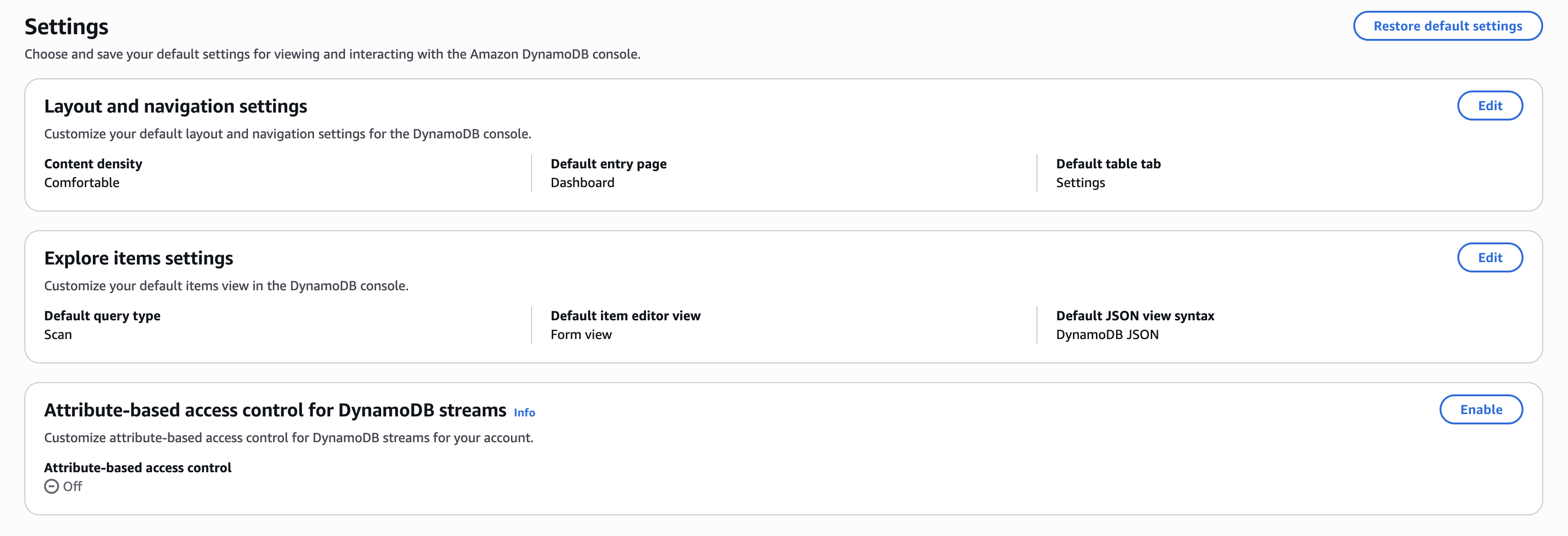La pagina delle impostazioni della console DynamoDB che mostra il controllo di Attribute-based accesso per la scheda Streams con lo stato Off, a indicare che Streams ABAC non è abilitato per l'account.