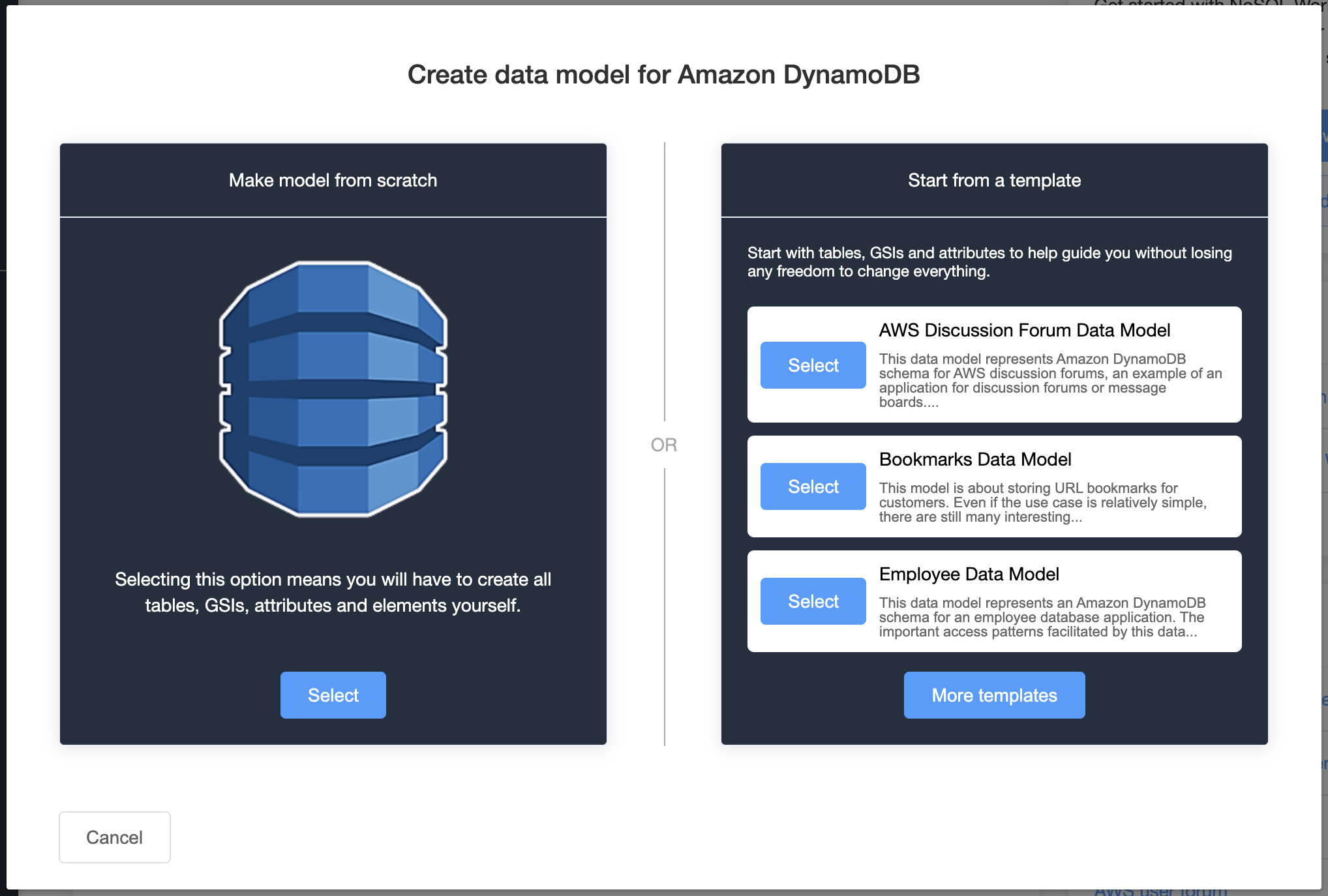 Screenshot della console che mostra la schermata Create data model (Crea modello di dati).