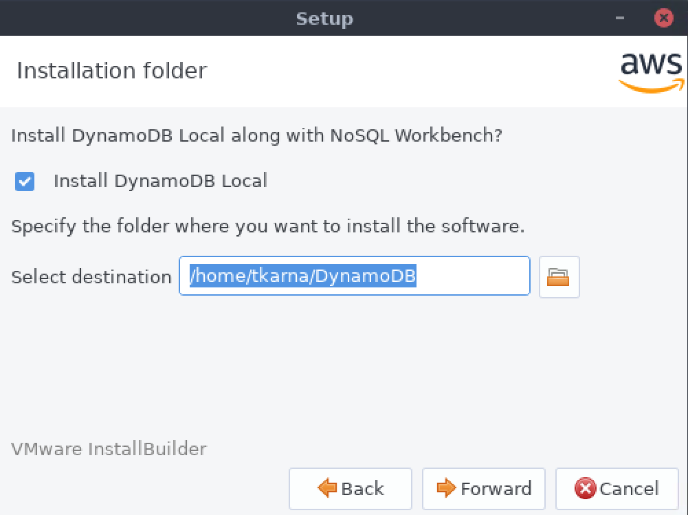 Schermata di configurazione per configurare la destinazione di installazione locale di DynamoDB.