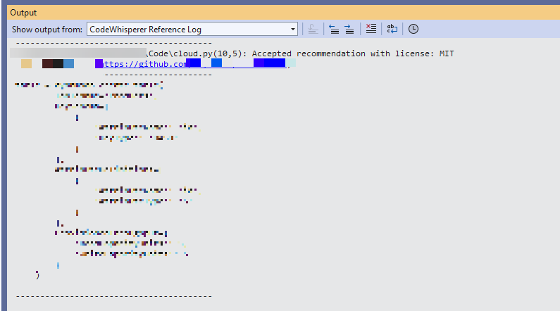 CodeWhisperer Reference Log output showing accepted recommendation with MIT license.