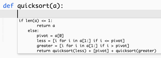 Una schermata che mostra una raccomandazione di Amazon Q per l'implementazione di un'intera funzione dell'algoritmo quicksort.