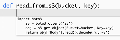 Una schermata che mostra un consiglio di Amazon Q per completare un'intera funzione che legge un oggetto da una posizione Amazon S3.