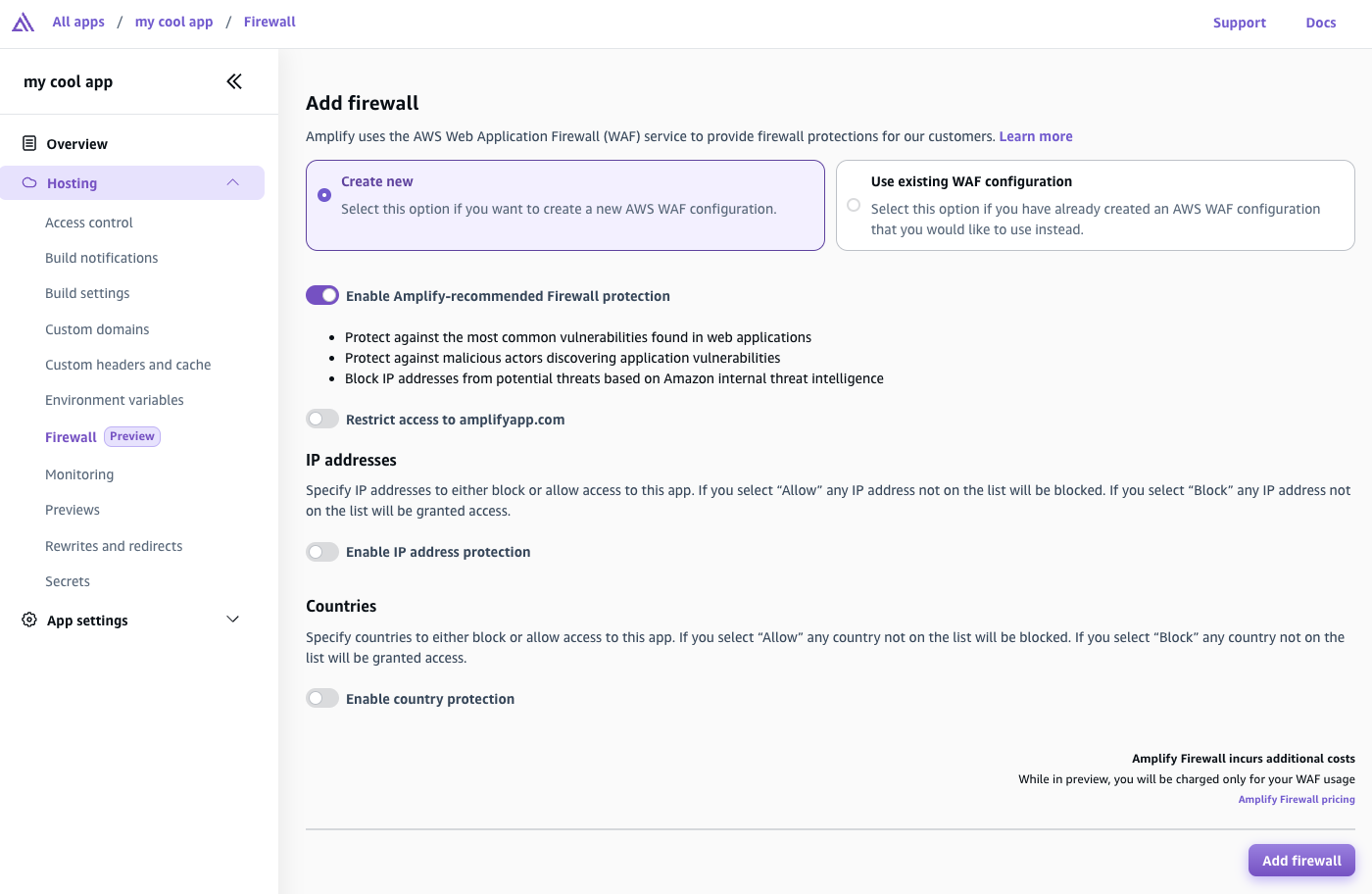 La pagina Aggiungi firewall della console Amplify.