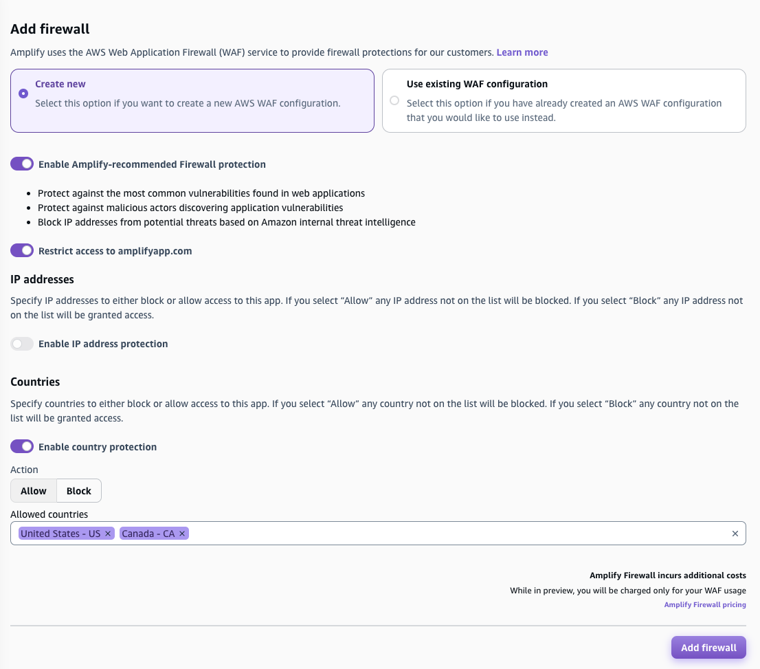 La console Amplify Aggiungi un firewall con tutte le impostazioni del firewall abilitate.