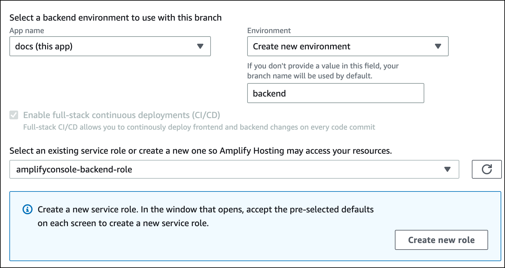 La sezione Seleziona un ambiente di backend da usare con questo ramo della pagina delle impostazioni di Build.